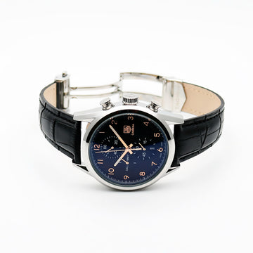 TGHUER CARRERA [CALIBRE 1887] ROSE GOLD SILVER BLACK LEATHER WATCH