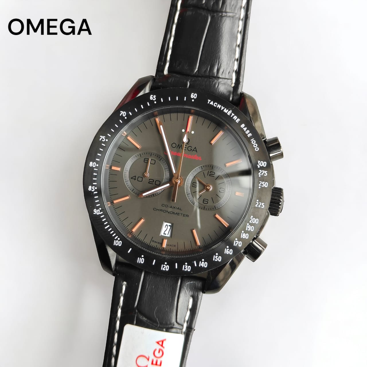 OMGA SEAMASTER GREY BLACK LEATHER WATCH