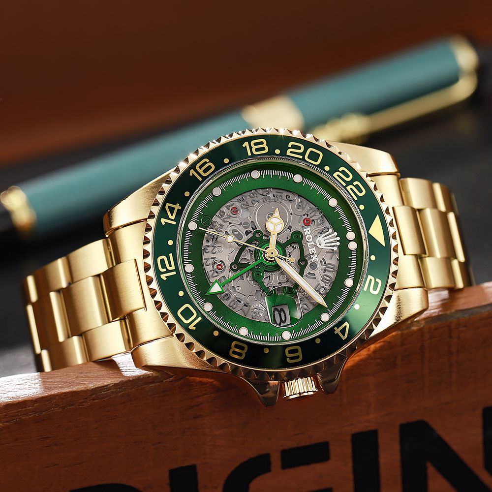 RLX [GMT] SILVER GREEN GOLD STEEL WATCH