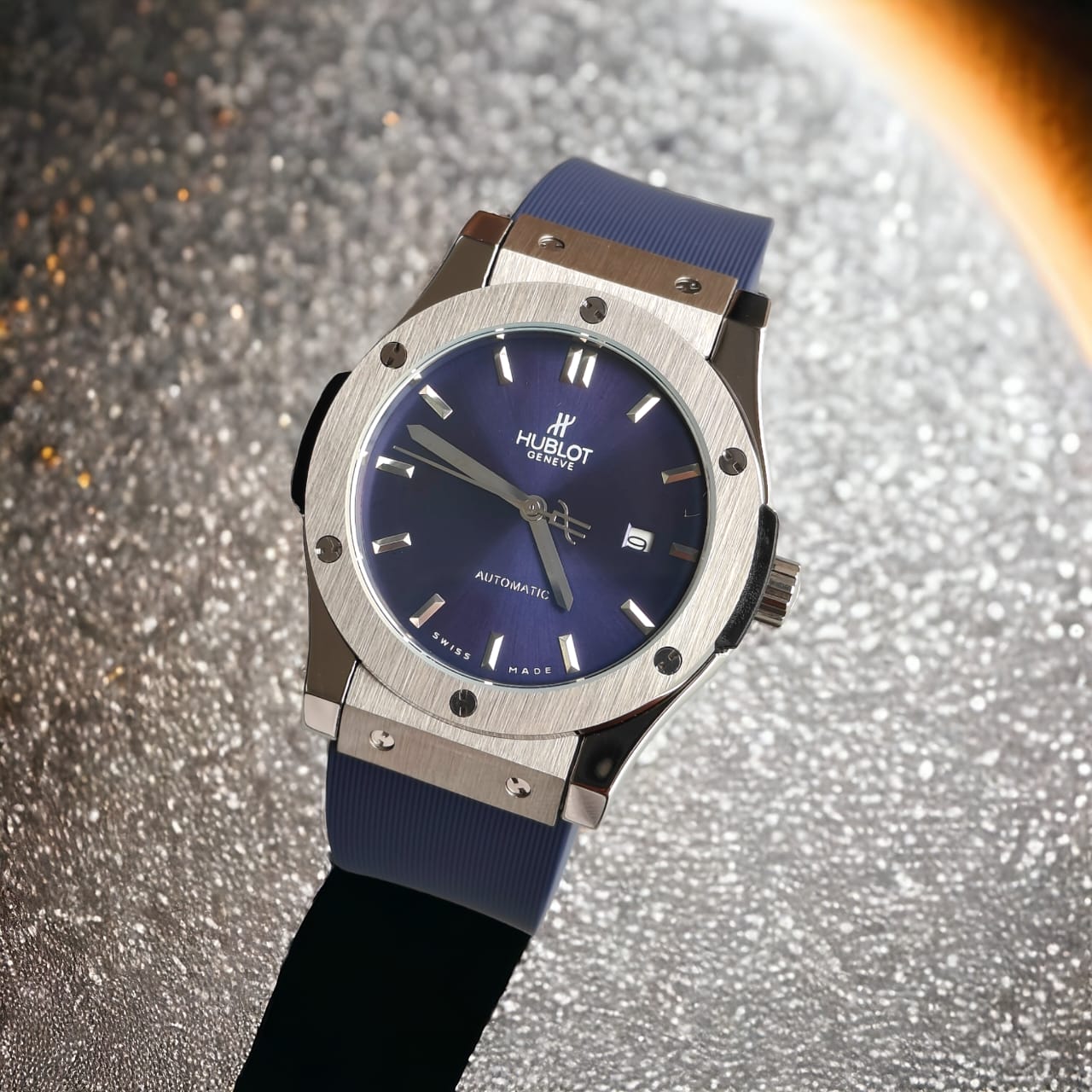 HBLOT BIG BANG AUTOMATIC CALENDER BLUE SILVER LEATHER WATCH