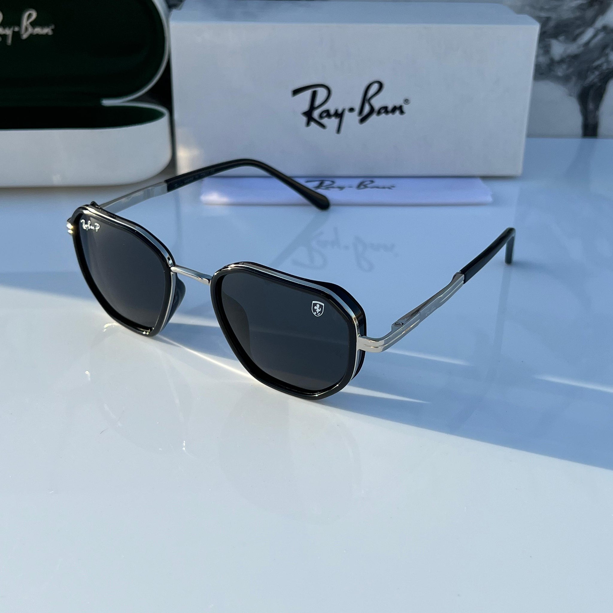 RB [FERRARI] BLACK SILVER FRAME WAYFARE SUNGLASSES FOR MEN & WOMEN