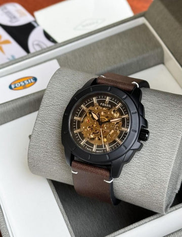 FOSL BRONSON [AUTOMATIC] GOLDEN BLACK CHOCOLATY LEATHER WATCH