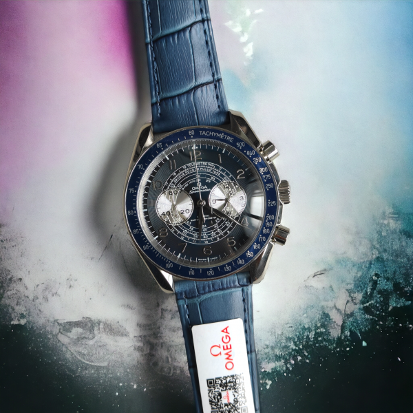 OMGA SPEEDMASTER TWO COUNTRIES SILVER BLUE LEATHER WATCH