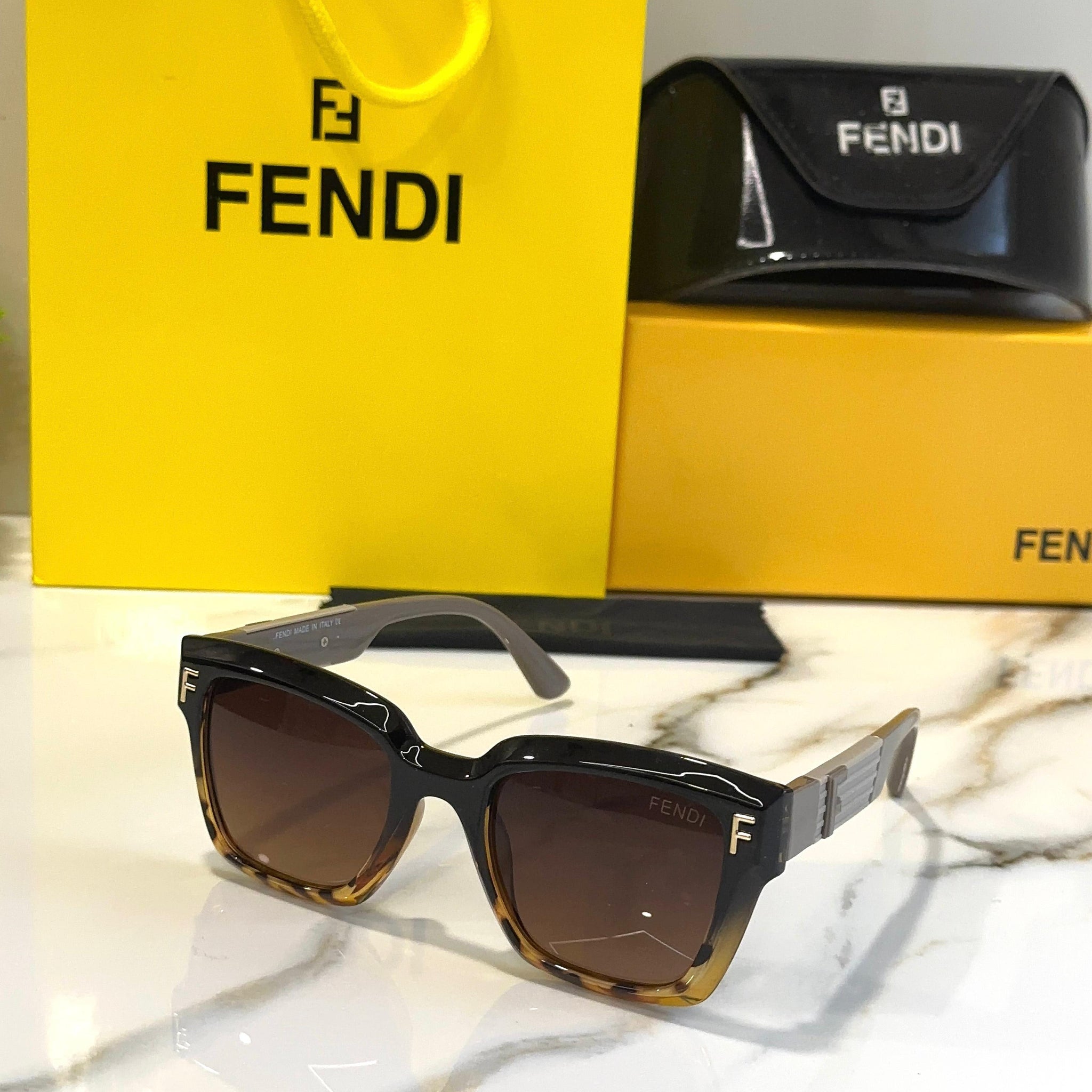 FNDY BROWN BLACK TEXTURE FRAME SQUARE SUNGLASSES FOR MEN & WOMEN