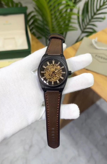 FOSL [AUTOMATIC] GOLDEN BLACK BROWN LEATHER WATCH