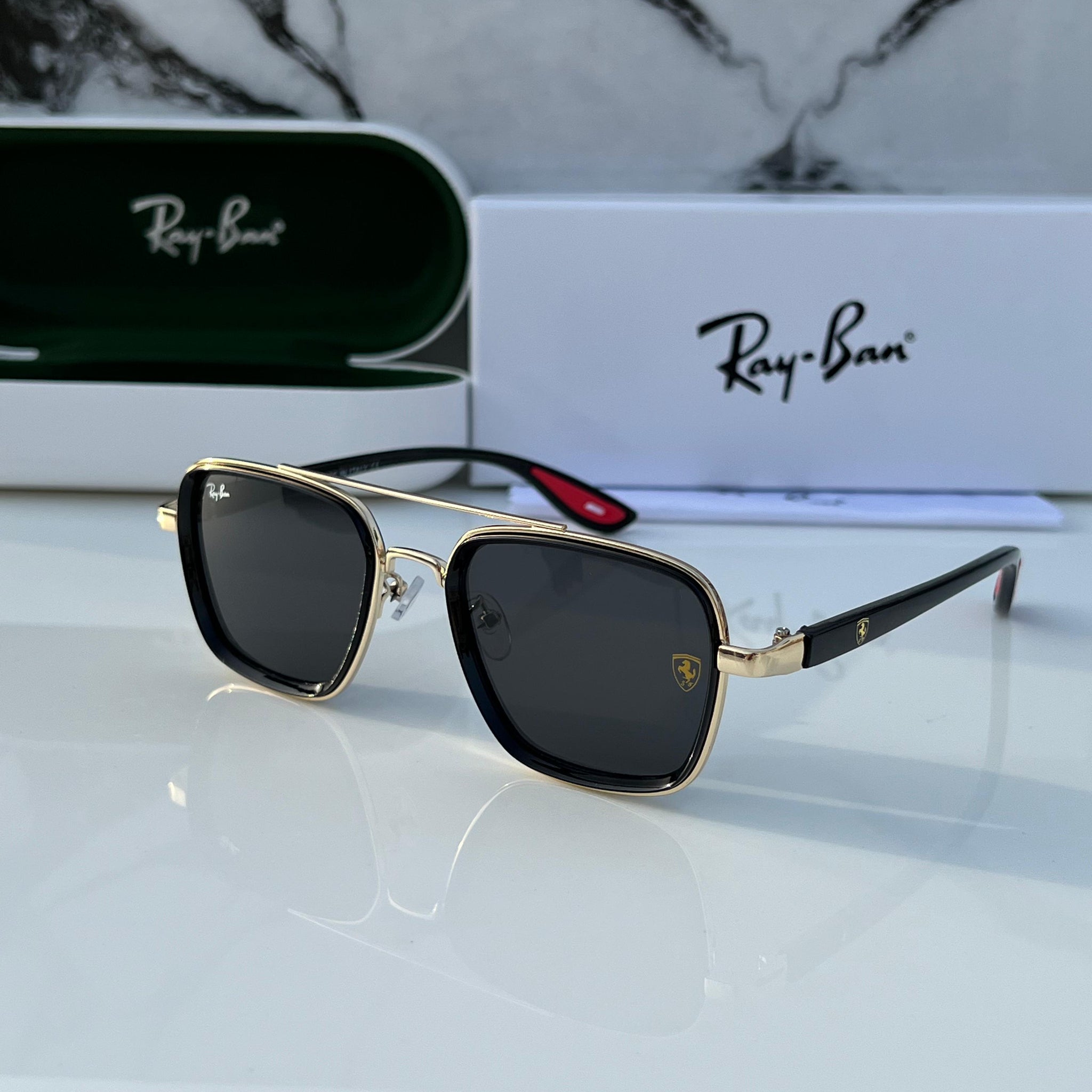 RB [FERRARI] BLACK GOLDEN FRAME WAYFARER SUNGLASSES FOR MEN & WOMEN