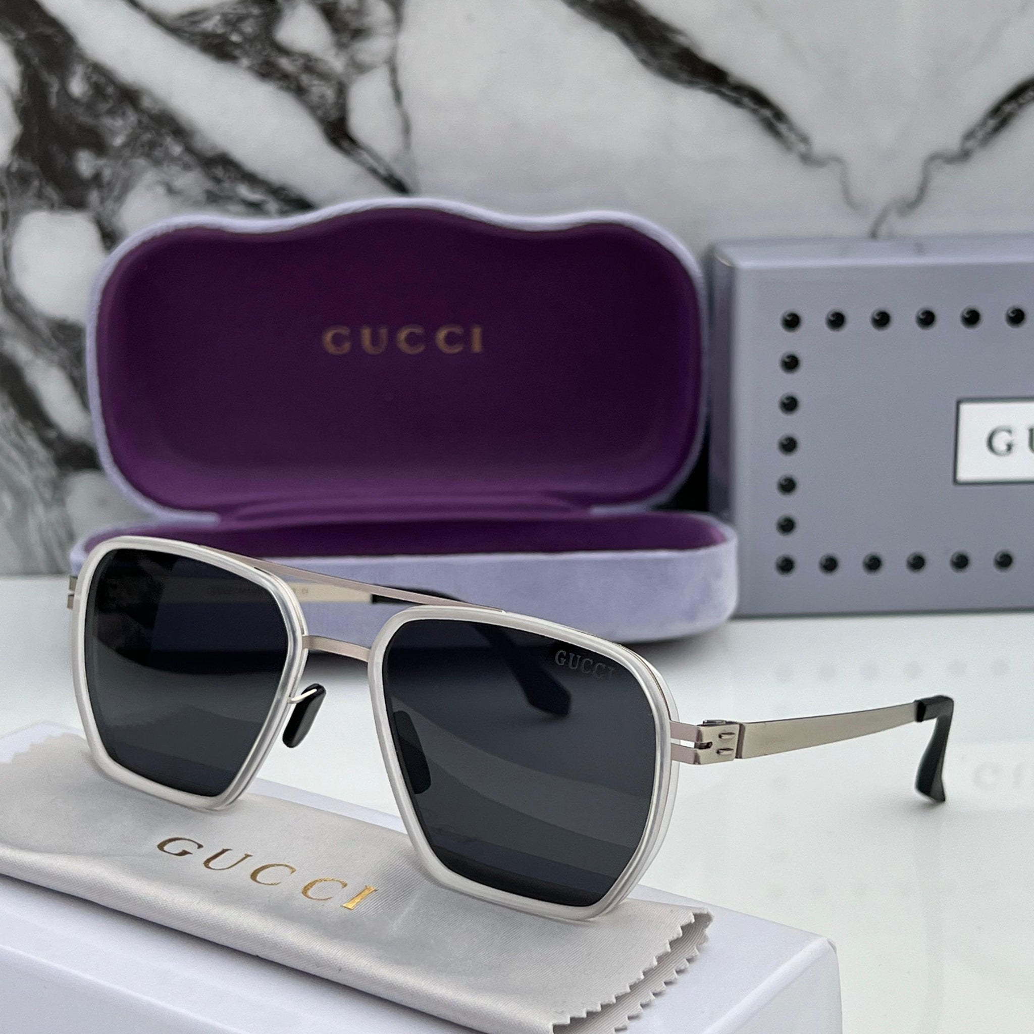 GC [010] BLACK SILVER FRAME SQUARE SUNGLASSES FOR MEN & WOMEN