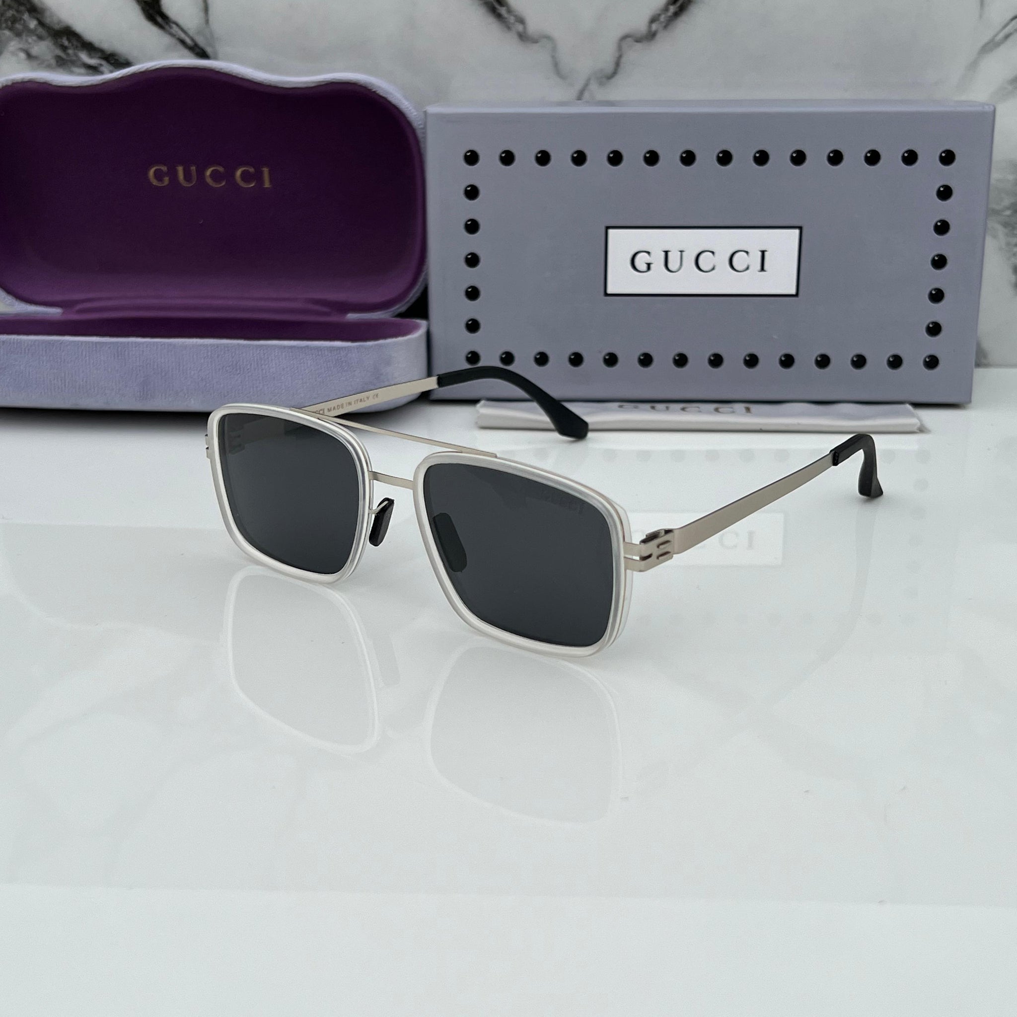 GC BLACK SILVER FRAME RECTANGLE SUNGLASSES FOR MEN & WOMEN