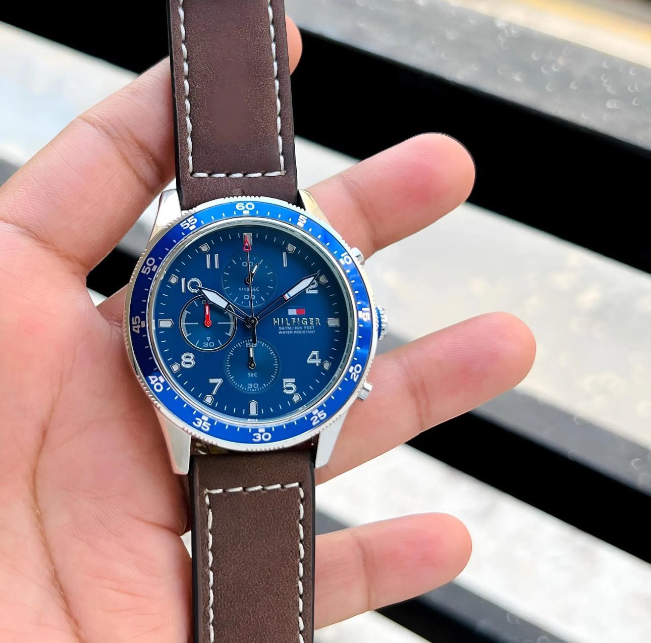 TMY HFR BLUE SILVER BROWN LEATHER WATCH