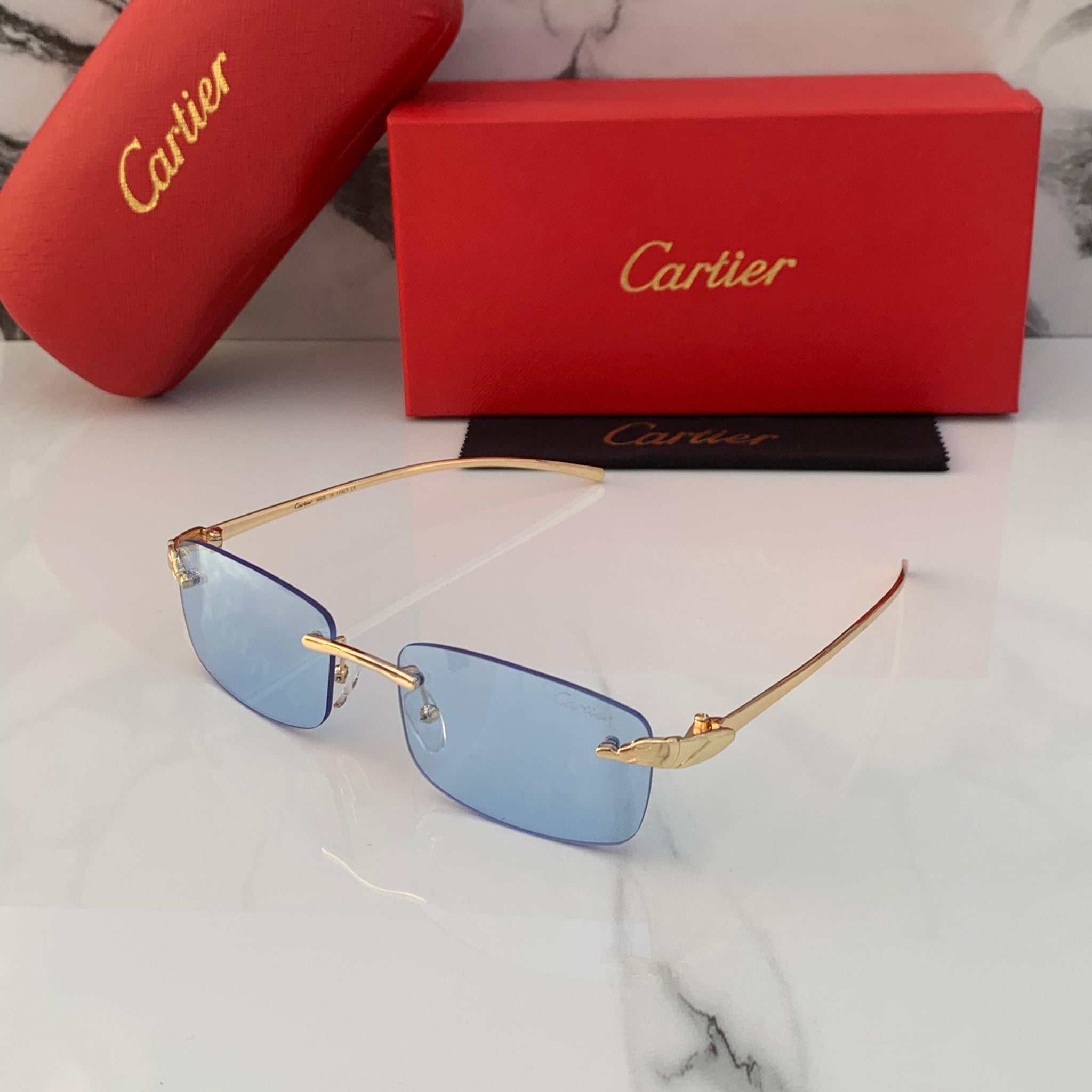 CRTIER SKY BLUE GOLDEN FRAME RECTANGLE SUNGLASSES FOR MEN