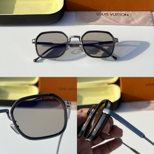 LV [69] GREY SILVER FRAME RECTANGLE ROUND SUNGLASSES FOR MEN & WOMEN