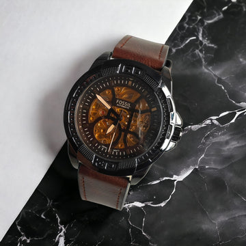 FOSL BRONSON [AUTOMATIC] GOLDEN BLACK BROWN LEATHER WATCH